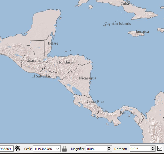 QGIS map at approx. 1:19M scale (note the country labels now appear again).