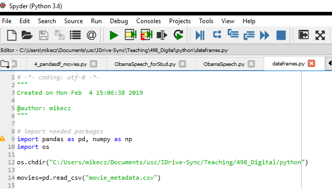 Spyder/Python screenshot: working with pandas dataframes